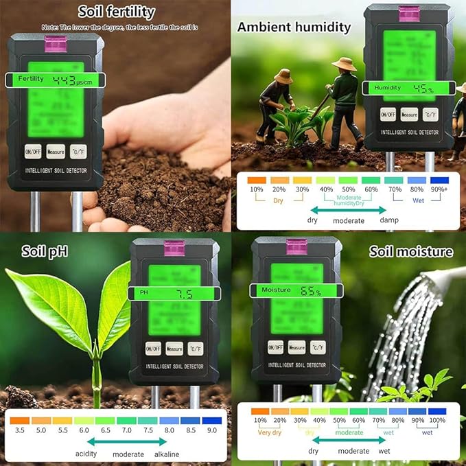 6-in-1 Soil Tester,with Dual Probes, Capable of Measuring Soil Ph, Moisture, Temperature, Fertility, and Light Intensity, Features a Backlit Display,for Home,Gardening,Plant Cultivation