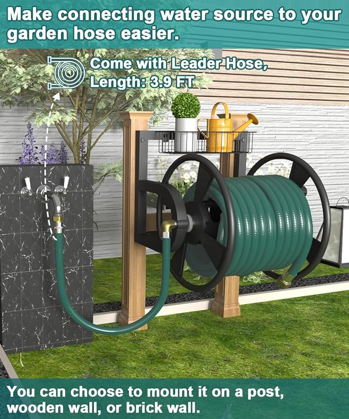 Garden Wall Mounted Hose Reel, Outdoor Heavy-Duty Water Hose Holder Winder, Holds 125 Feet of 5/8-Inch Hose, with 3.9 ft Leader Hose, Brass Fitting and Storage Basket for Yard, Black