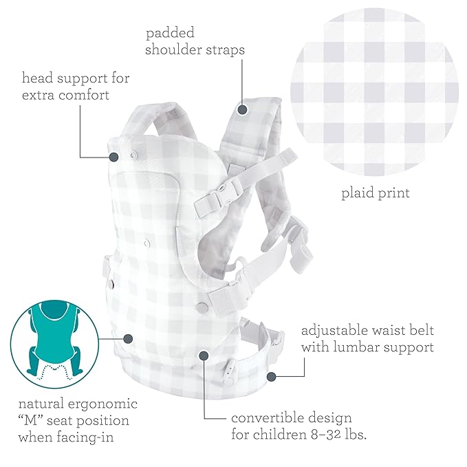 Infantino Flip 4-in-1 Convertible Baby Carrier, Adjustable, Ergonomic Hands Free Babywearing, Registry Essential, Carrier for Newborn to Toddler, Plaid