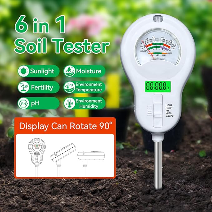 6 in 1 Soil Tester Soil Meter Soil Water Detector for pH Sunlight Fertility Temperature Humidity with 3 Replaceable Probes for Garden Farm Home Plant Care