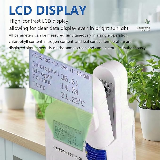 Chlorophyll Meter - Plant Nutrient Analyzer, 3-in-1 Non-Destructive SPAD Tester with Nitrogen & Leaf Temperature Sensor, 16GB Data Storage for Precision Agriculture