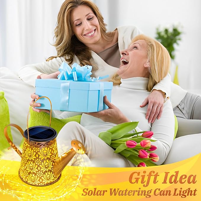 Solar Watering Can Light - Metal Openwork Lotus Flower with Hook - Waterproof Hanging Lantern Outdoor Garden Yard Decorations - Birthday Gardening Gifts for Mom Grandma