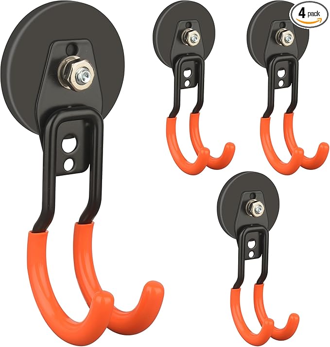 ULIBERMAGNET New Upgraded Garage Strong Magnetic Hooks, 4 Pack Heavy Duty Large J Hooks with Magnet, Anti-Slip Coating Magnet Hooks for Garden Tools, Ropes,Drill