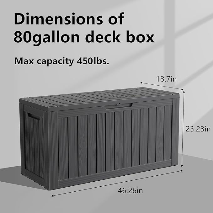 80 Gallon Outdoor Deck Box,Waterproof Resin Outdoor Storage Boxes, Outside Storage Lockable Container for Garden Tools,Indooor Cushions,Accessories (Black)