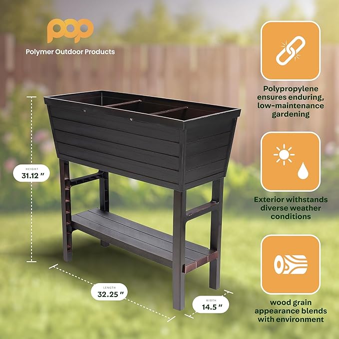 14.5in x 32.25in x 31.12in Raised Planter Box - USA Made - 15.7 Gallon Elevated Patio Garden Bed with Drainage Plug, Brown