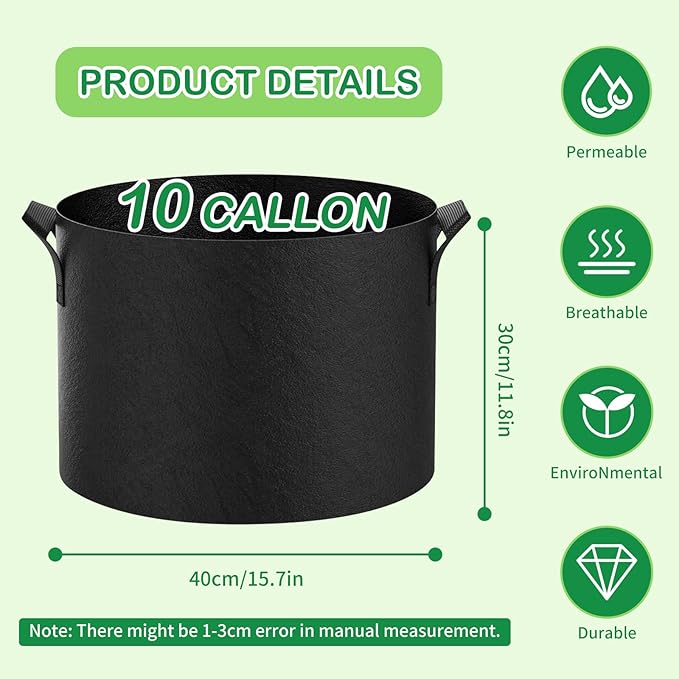Grow Bags (3-Pack) - Heavy Duty Fabric Pots for Vegetables, Fruits, Flowers, Plants | Aeration Fabric Prevents Root Circling & Overwatering | Durable, Reusable (Round, 10 Gallon)
