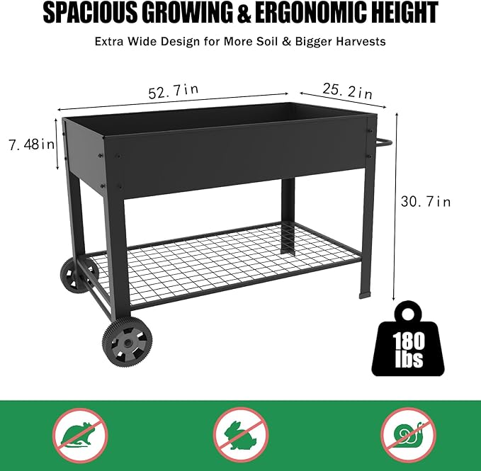 aboxoo 49" L*25" W*31" H Planter Raised Beds with Legs,Outdoor Metal Planter Box on Wheels,Elevated Garden Bed for Vegetables Flower Herb Patio