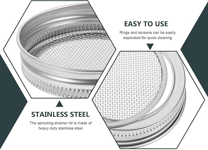 Toyvian 4pcs Stainless Steel Wide Mouth Sprouting Jar Lids 70mm Mesh Strainer Replacement Covers for Mason Jars Seed Sprouter Kitchen Canning Accessories