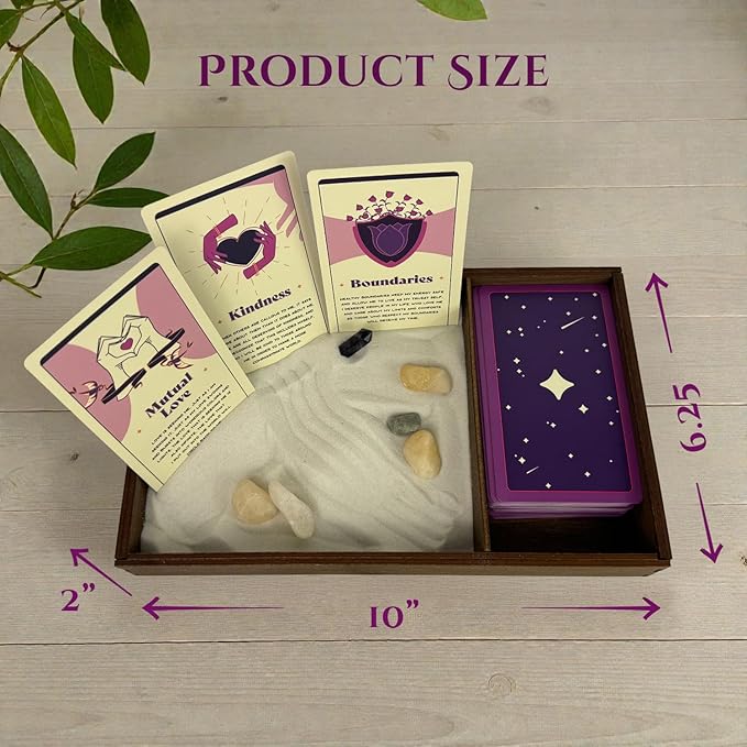 Wooden Zen Garden with Daily Affirmation Cards for Women and Men | White Sand with Rake & Amethyst Wand | Affirmations for Mindfulness, Meditation, and Inspiration | Beautiful 52 Card Deck