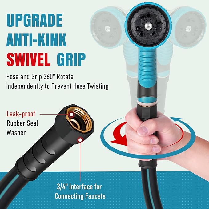 Heavy Duty Garden Hose 35 ft, NON-EXPANDABLE Water Hose with 10 Function Spray Nozzle, Lightweight Kink-less Hybrid Hose with Swivel Handle, Male to Female Fittings