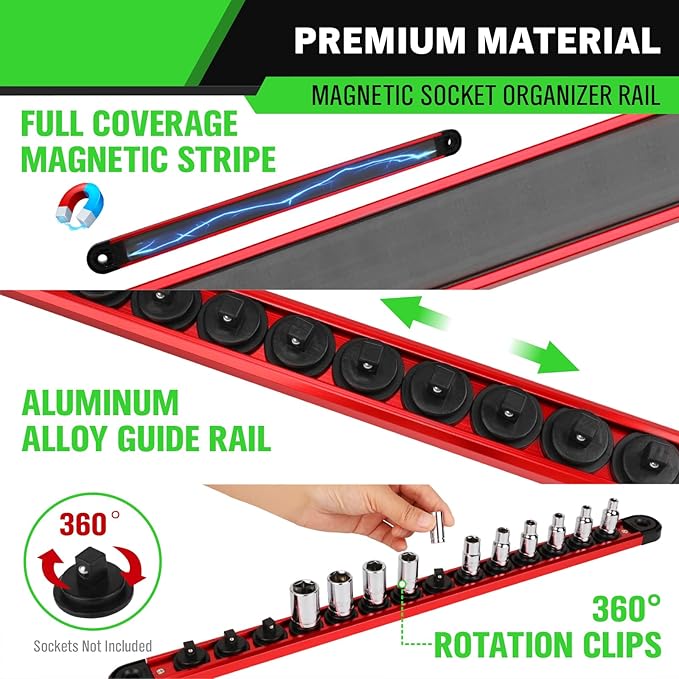 1/4-Inch Magnetic Socket Organizer Rail, Aluminum Alloy Socket Rail, Heavy Duty Sockets Holder with 14 Clips, 360° Swivel Clip Tool Tray, Sockets Organizer for Tool Box Drawer (Red)