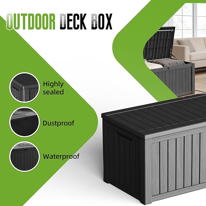 150 Gallon Outdoor Storage Deck Box Waterproof Resin Lockable Outside Bench Porch Patio Furniture Pool Float Garden Tool Cushion UV Resistant Bin Black