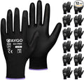 KAYGO Work Gloves for Men and Women,12 Pairs Seamless Knit PU Coated Safety Gloves, with Smooth Grip on Palm and Fingers, Ideal for Light Warehouse, Manufacturing, Gardening, KG11P (XS, Black)