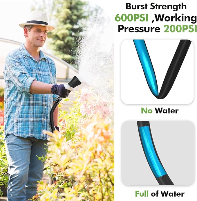 SPECILITE 5/8" Garden Hose 150 ft with High Flow Nozzle, Heavy Duty Flexible Hybrid Rubber Water Hose for Outdoor, Lightweight, Leak-Proof, No-Kink, 3/4"Stainless Steel Fittings,Black