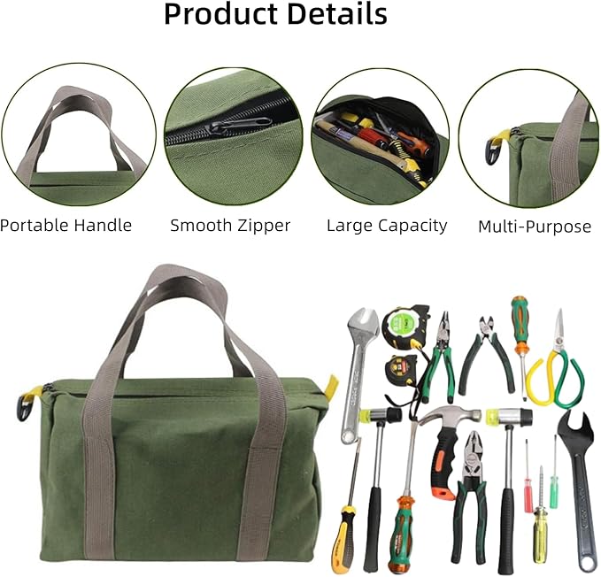 20 Inch Wide Mouth Tool Bag, Heavy Duty Canvas Tool Storage Bag for Men, Large Capacity Tool Tote Bag for Electricians, Power Tool Organizer Pouch
