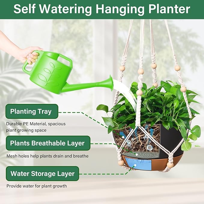 Hanging Planters for Indoor Plants, 2 Pack 10 Inch Self Watering Hanging Pots for Plants with Drainage Holes, Indoor Outdoor Hanging Flower Pots for Home Garden Ceiling Decor (Black)