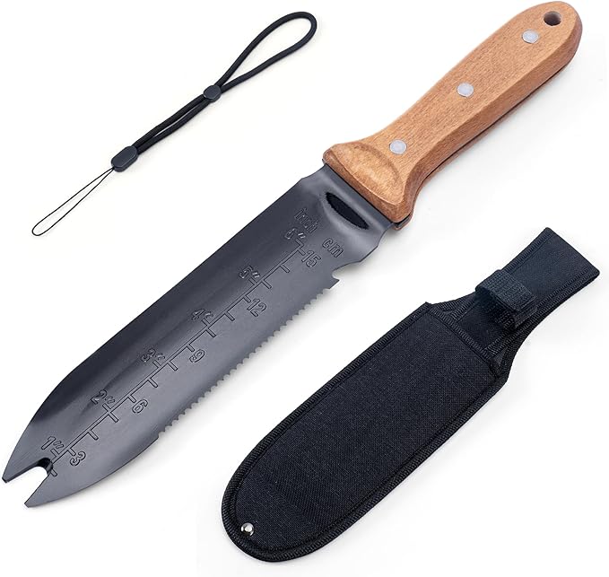 YANG Hori Hori Garden Knife, 7" Stainless Steel Gardening Knife with Oxford Cloth Sheath, Full Tang Beechwood Handle Garden Tool for Dividing Plants & Weeding, Forked Tip for Transplanting