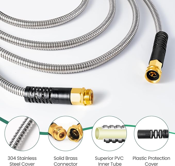 Cesun 10 FT Metal Garden Hose, Drinking RV Water Hose, Reinforced Metal Fittings, Dehumidifier Drain Hose Connector Extension, Reel Extender for Yard