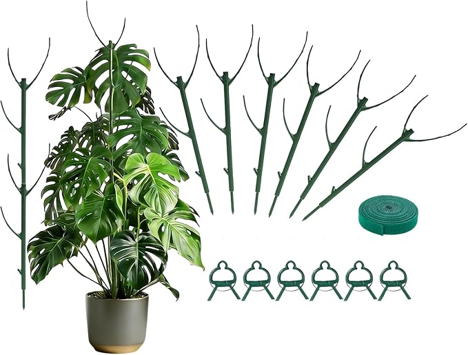 Tree Branch Plant Support Stakes – Stackable Plant Support Sticks with Clips & Velcro Tie – Natural Aesthetic Extendable Trellis for Indoor Plants, Monstera, Pot (Green-6 Pack)
