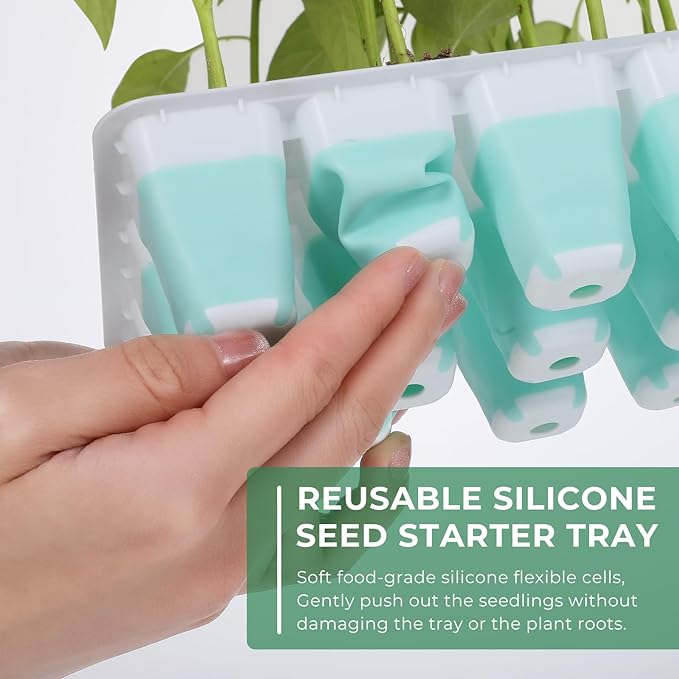 Seed Starter Tray with Grow Light, 2-set Flexible Silicone Seedling Starter Kit, 96-Cell Seed Growing Tray, Seed Starting Trays Plant Starter Kit, Reusable Indoor Gardening Plant Germination Trays