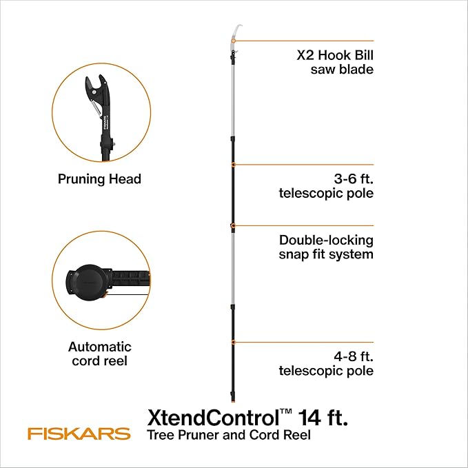 Fiskars XtendControl 14' Tree Pruner Kit, Complete Pruning and Sawing System with Fixed Pruner Head and 15" X2 Hook Bill Saw, Two Extension Poles, Lightweight Aluminum, Orange