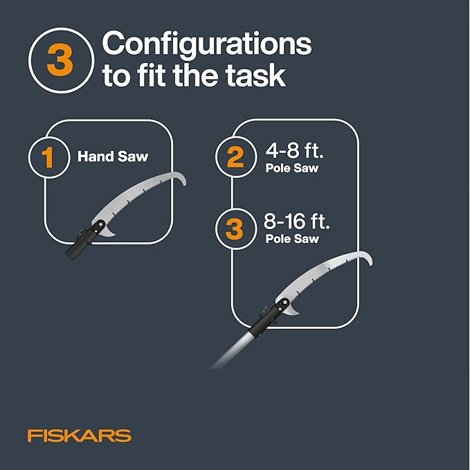 Fiskars XtendControl 16' Tree Pruner with 15" X3 Double-Hooked Saw, Two 4-8 Ft Extension Pole, Lightweight Aluminum Pole Saw for Fast Cutting with Sawdust Reliefs, Secure Locking System, Orange