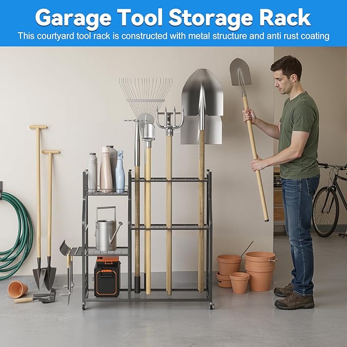 Garden Garage Tool Organizer 35-Slot with Wheels, Adjustable Feet Yard Tool Rack for Shovels, Rakes, Brooms and Cleaning Equipment (Black B)