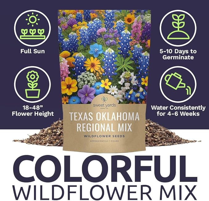 Texas Oklahoma Regional Mix Seeds for Planting - Bulk 1 Pound Bag - Over 240,000 Native Seeds - Open Pollinated and Non GMO