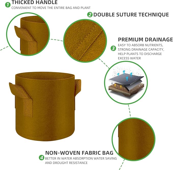 5-Pack 5 Gallon Grow Bags Heavy Duty Thickened Nonwoven Fabric Pots with Handles, Plant Grow Bags for Vegetables/Flower/Plant/Fruits, Brown