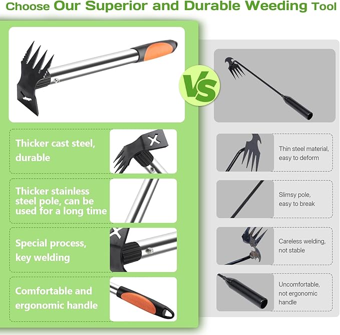 Upgraded 17" Weed Puller Tool, Portable Garden Weed Pulling Tool for Weeding Uprooting Planting, 2 in 1 Hoe & 4 Teeth Rake Manual Weeder, Durable Weed Remover Gardening Hand Tools for Yard Lawn Farm