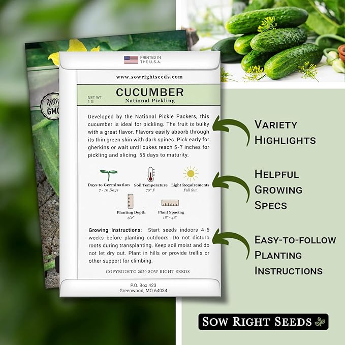 Sow Right Seeds - National Pickling Cucumber Seeds for Planting - Non-GMO Heirloom Packet with Instructions to Plant and Grow a Home Vegetable Garden - Famous Variety for Homemade Pickles (1)