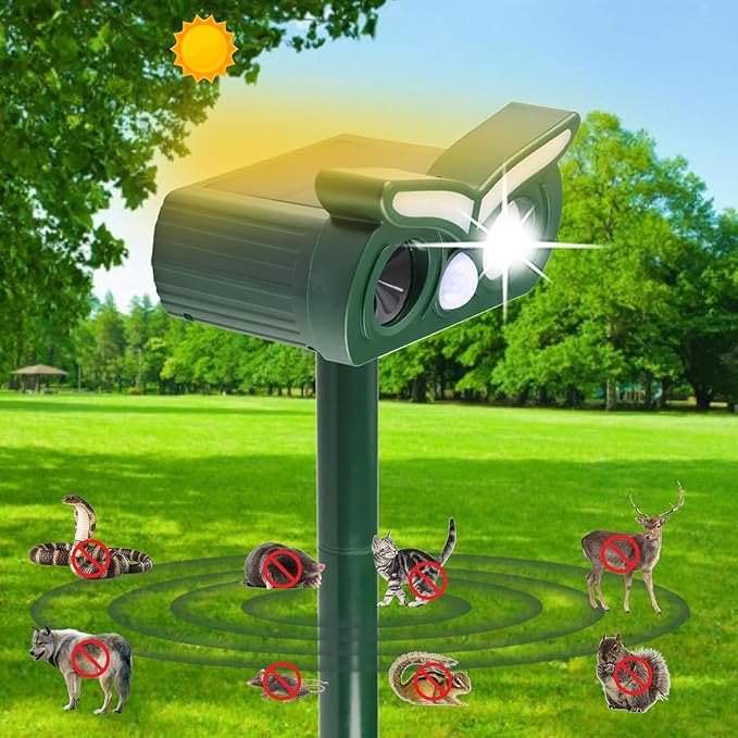 1Pack Solar Ultrasonic Animal Repellent Outdoor Deer Repellent Devices with Motion Detection&Flash Light Squirrel Rabbit Dog Cat Deterrent,Keep Rodent Chipmunk Raccoon Away for Yard