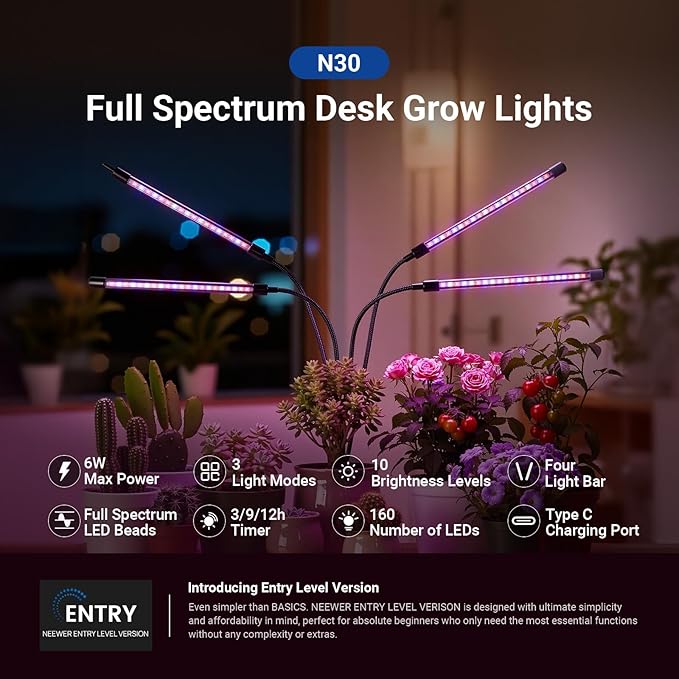 NEEWER ENTRY LEVEL VERSION Four Bar Grow Lights for Indoor Plants, Full Spectrum Clip Plant Growing Lamp with 160 Blue, Red, White LEDs, 3/9/12H Timer, Dimmable for Gardening Seed Starting Bonsai, N30