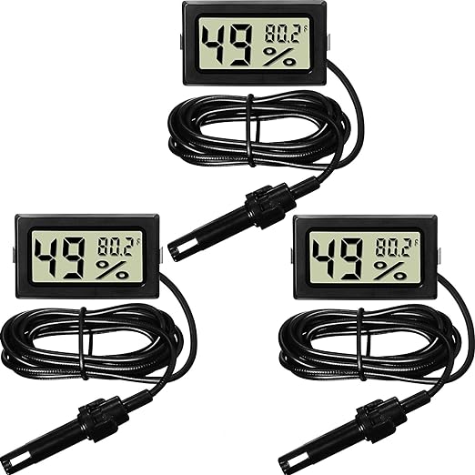 Weewooday Mini Digital Temperature Humidity Meters Gauge with Probe Gauge LCD Fahrenheit Display Thermometer Hygrometer for Incubator Reptile Plant Greenhouse Chicken Coop Garden(Black, 3 Pieces)