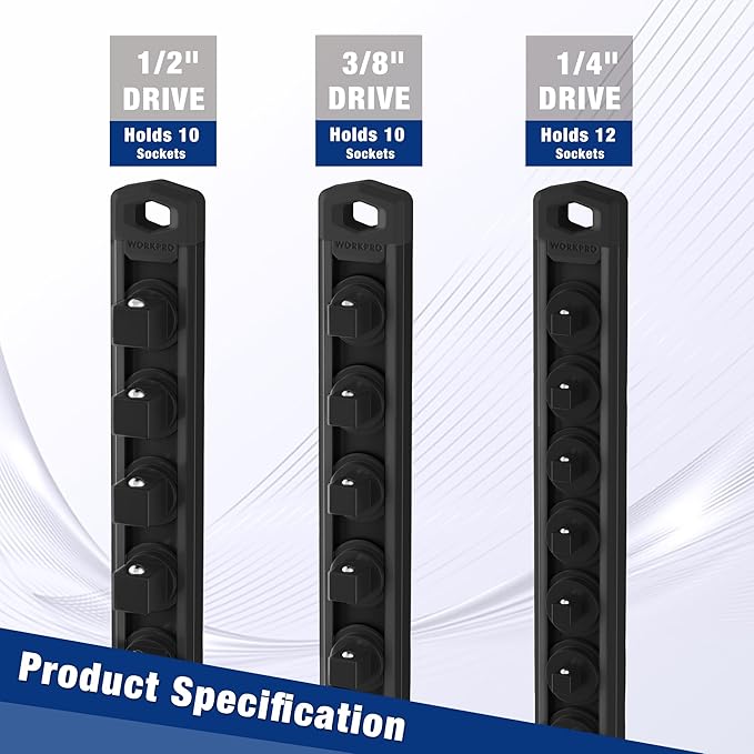 WORKPRO Magnetic Socket Organizer, 1/2-Inch Drive Aluminum Alloy Socket Rail, Heavy Duty Socket Holder, Socket Rack Kit 1/2-Inch x 10 Clips Black (Socket not Included)
