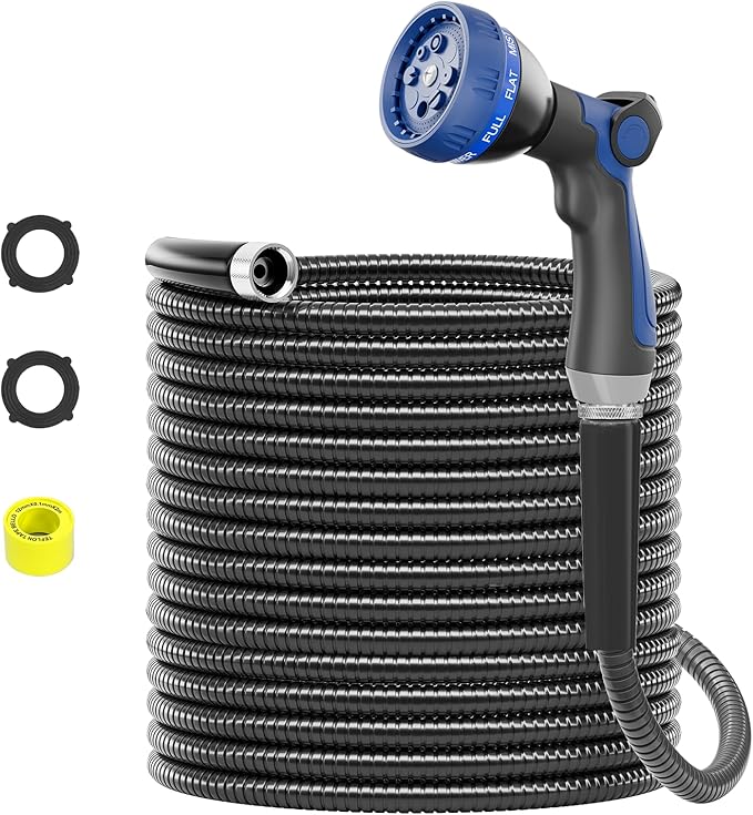SPECILITE 75ft 304 Stainless Steel Garden Hose Metal, Heavy Duty Water Pipe with Nozzles for Yard, Outdoor - Flexible, Never Kink & Tangle, Puncture Resistant (Black)
