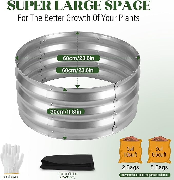 Round Metal Raised Garden Bed 2 Pack with Fabric Liners, 2 ft × 2 ft × 1 ft, Outdoor Planters for Backyard, Patio & Garden (Silver)