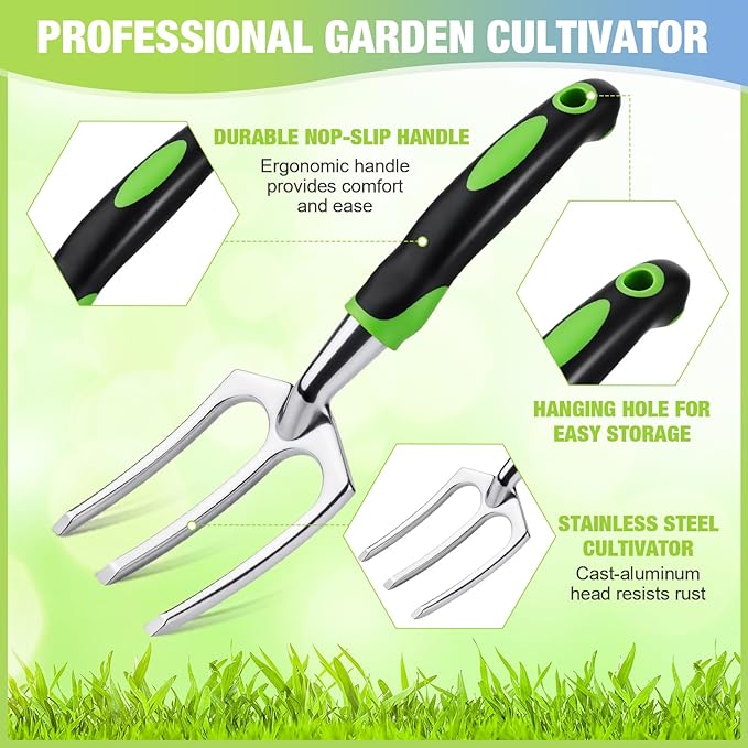 Yaocom 12 Pcs Hand Rakes Garden Tool Mini Heavy Duty Garden Cultivator 11 Inch Small Rake Gardening Hand Tiller with Handle for Digging Weeding Loose Soil(3-Tine Prong Fork,Yellow, Green)