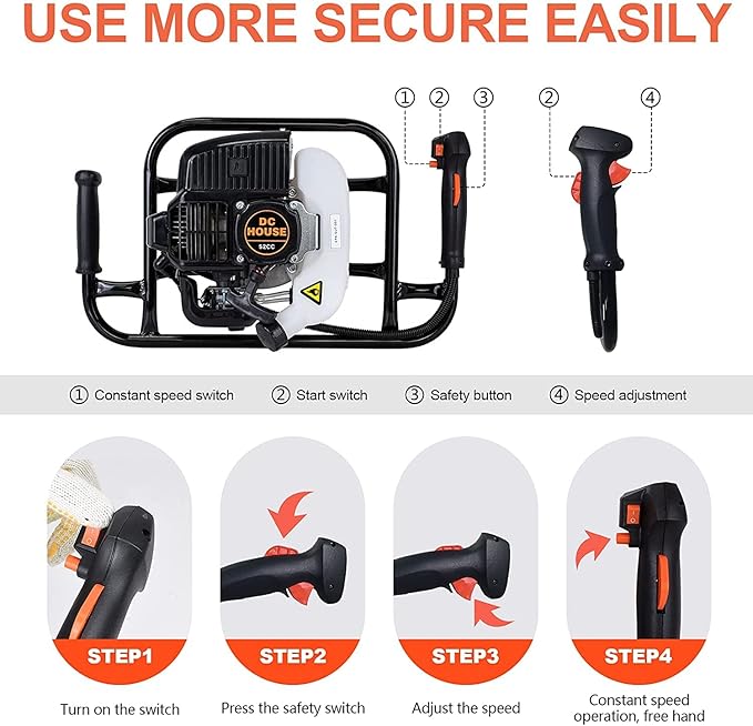DC HOUSE Post Hole Digger, 52cc 1800W Gas Powered Earth Auger Earth Digger, Auger Post Hole Digger with Two Drill Bit 6" & 10" and Extension Rods, for Fence, Farmland and Garden, EPA Certified