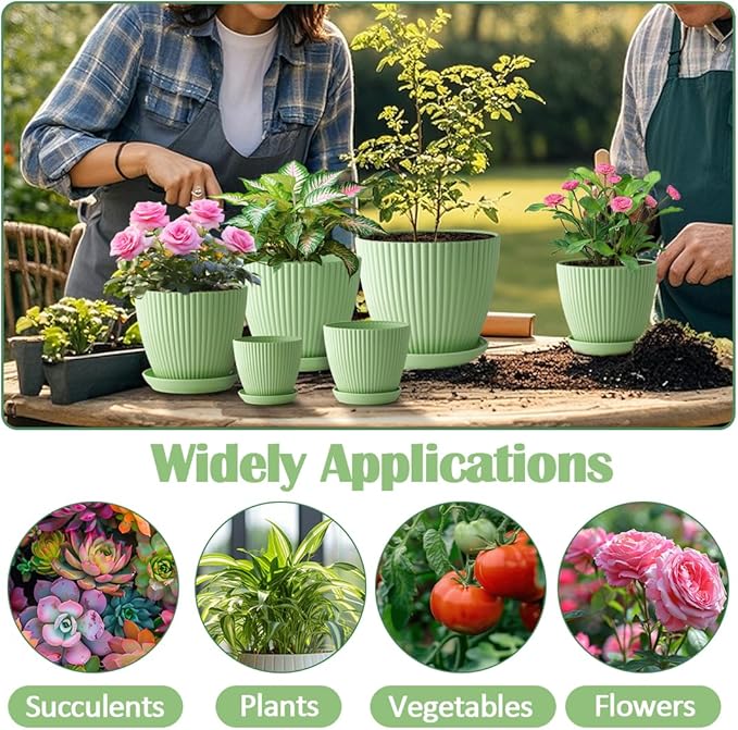 RooTrimmer 7.5/6.5/5.5/4.9/4.2/3.5 Inch Plant Pots with Saucers & Drain Holes - Indoor/Outdoor Flower Pots for Succulents, Herbs, Cactus - Modern Lightweight Durable Planter Set, Green
