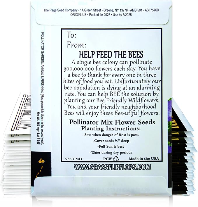 Pack of 20 Pre-Filled Flower Seed Packets for Pollinators Wedding Party Favors Bridal Shower School Events Thank You Events Memorials Earth Day- Save The Bees Assorted Bee Friendly Flower Seeds