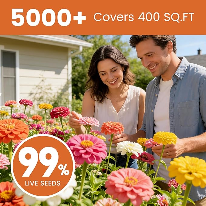 Zinnia Seeds for 2026 Planting, 5000+ Flowers Seeds, 7 Vibrant Colors Mix & Large Bloom, Non-GMO Heirloom Wildflower Seeds for Pollinator Garden Outdoor Borders, Easy to Grow Annual Flowers