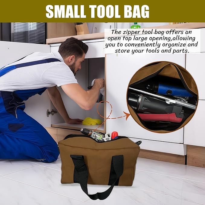 BLIRITEL Wide Mouth Tool Bag, Heavy Duty Canvas Tool Storage Bag, Large Capacity Handbag, Multi-function Tool Organizer Tote Bag for Storage Wrenches Pliers (Tan, 12 Inch)