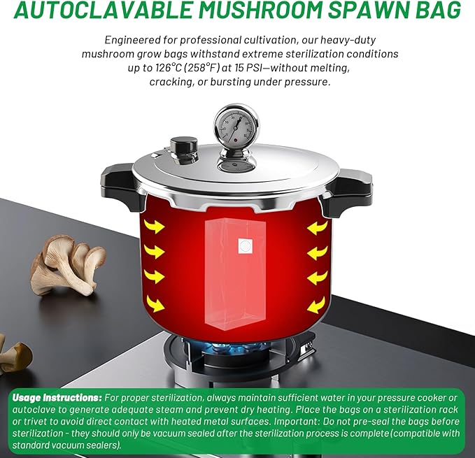 GREANER 6 Mil 100PCS Mushroom Bag, Large Size 8"x5"x20" Grain Spawn Bags for Bamboo、Fungus、Ganoderma、Mushrooms、Substrates、Grains