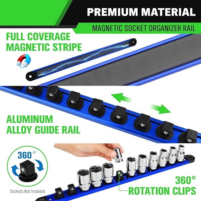 1/2-Inch Magnetic Socket Organizer Rail, Aluminum Alloy Socket Rail, Heavy Duty Sockets Holder with 12 Clips, 360° Swivel Clip Tool Tray, Sockets Organizer for Tool Box Drawer (Blue)