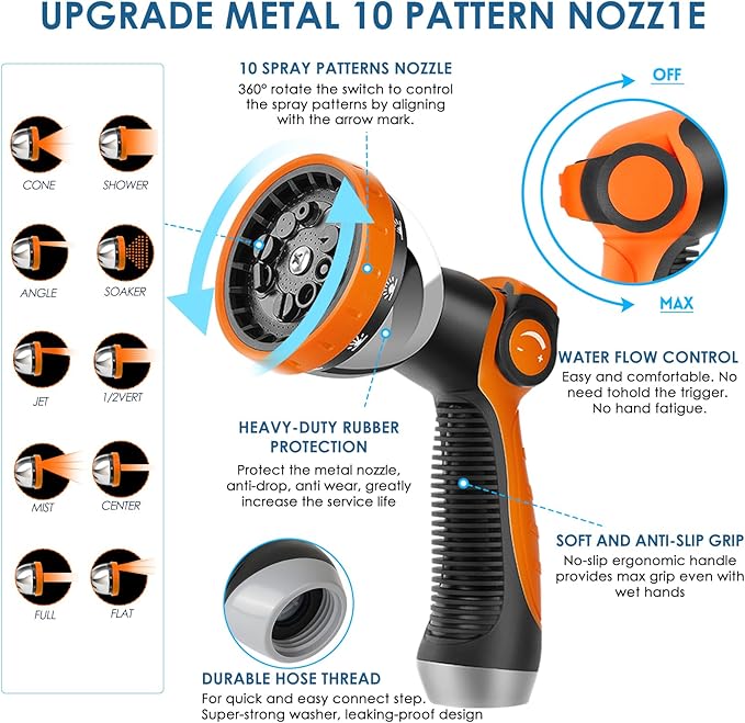 Non-Expanding Garden Hose 100 ft, Kink Free Flexible Water Hose with 10-Pattern Spray Nozzle, Lightweight Hose Pipe, Leak Proof, 3/4" Swivel Connectors, Super Fabric, Portable Storage Strap