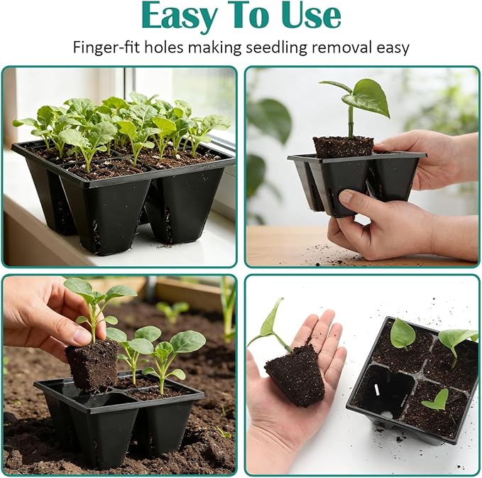 40 Pack Reusable 4-Cell Seed Starter Tray for Seedlings, Deep Large Cell Plant Starter Trays with Drainage Holes for Seed Germination, Easy Transplant, Fits Standard 1020 Flats, Black
