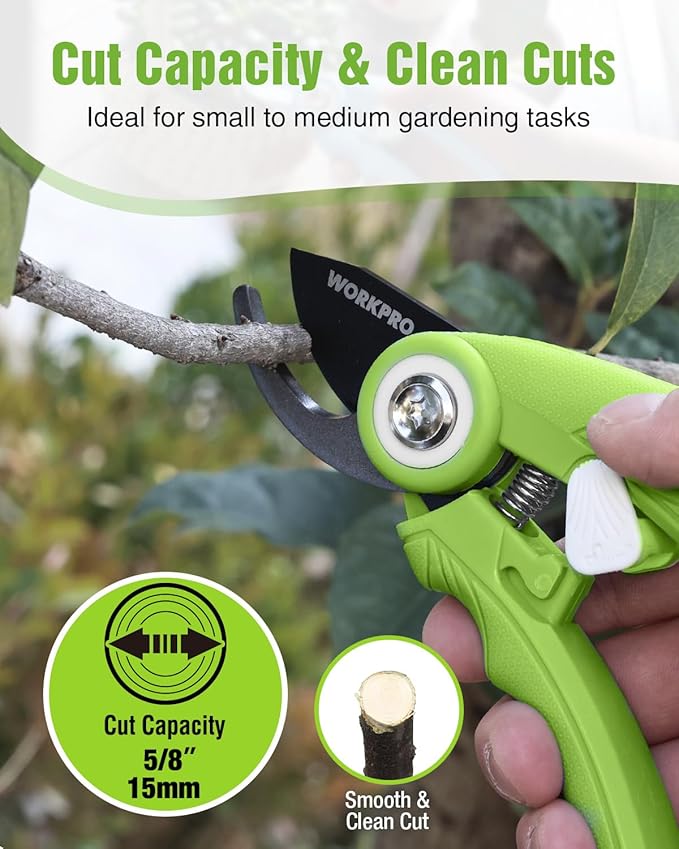 WORKPRO 6.9" Bypass Pruning Shears, Gardening Scissors with Sharp SK5 Steel Blade, Handheld Garden Floral Clippers for Rose, Plants, Flowers, Fruits Trees, Gardening Gifts for Women & Men, Green