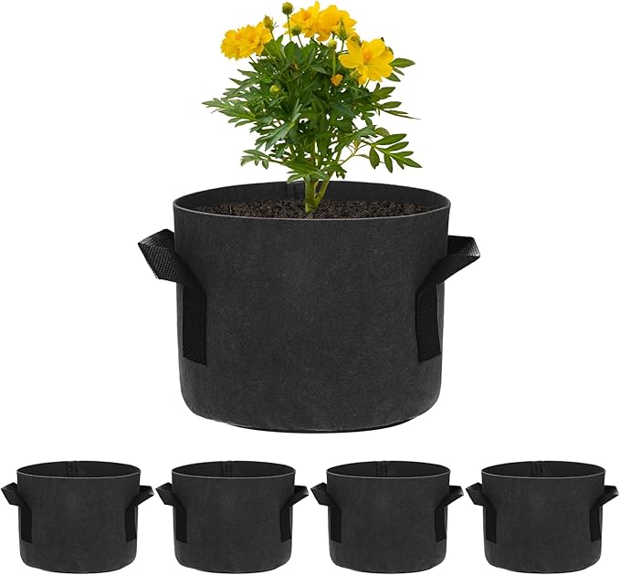 M METERXITY 5-Pack Plant Grow Bags 1 Gallon Grow Bags 300G Thickened Fabric Pots with Durable Handles Plant Garden Grow Pots for Fruits/Vegetables/Flowers/Plants [Black]