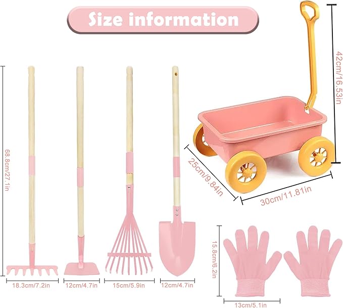 Kids Gardening Tool Set,6 pcs Detachable Toddler Gardening Tools with Shovel,Rake,Hoe and Rake for Outdoor Summer Yard Lawn Beach,Christmas Birthday Gifts for Age 3,4,5 Year (Pink Wheel kit)